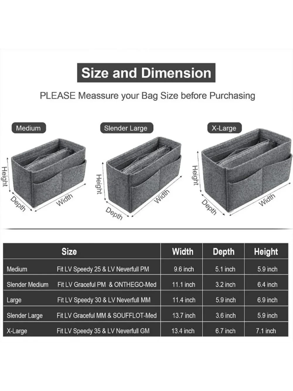 Purse Organizer Insert - Felt Tote Bag Divider with 5 Sizes for Handbag Storage