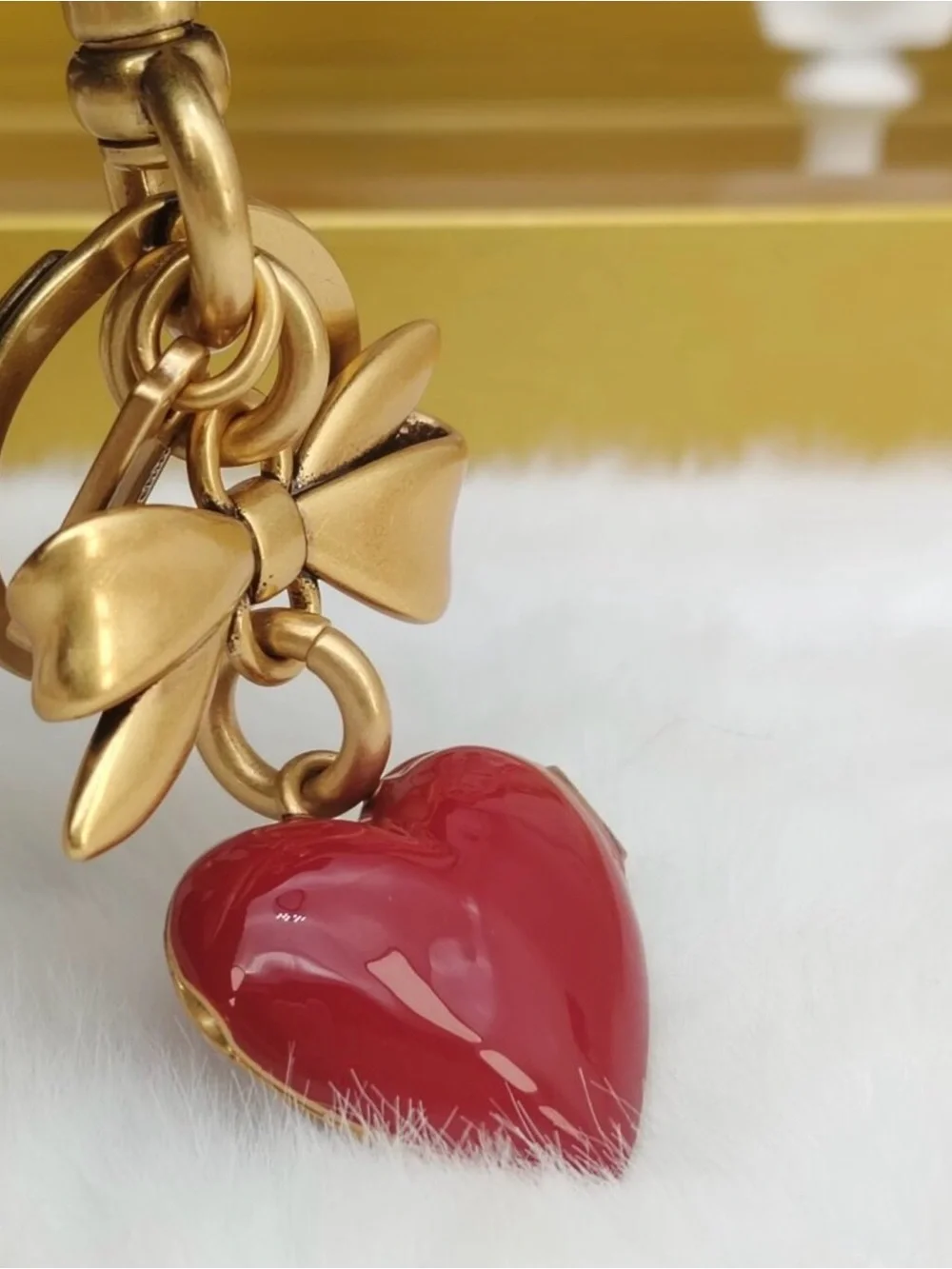 Coach Gold Bow and Red Heart Locket Charm Keychain