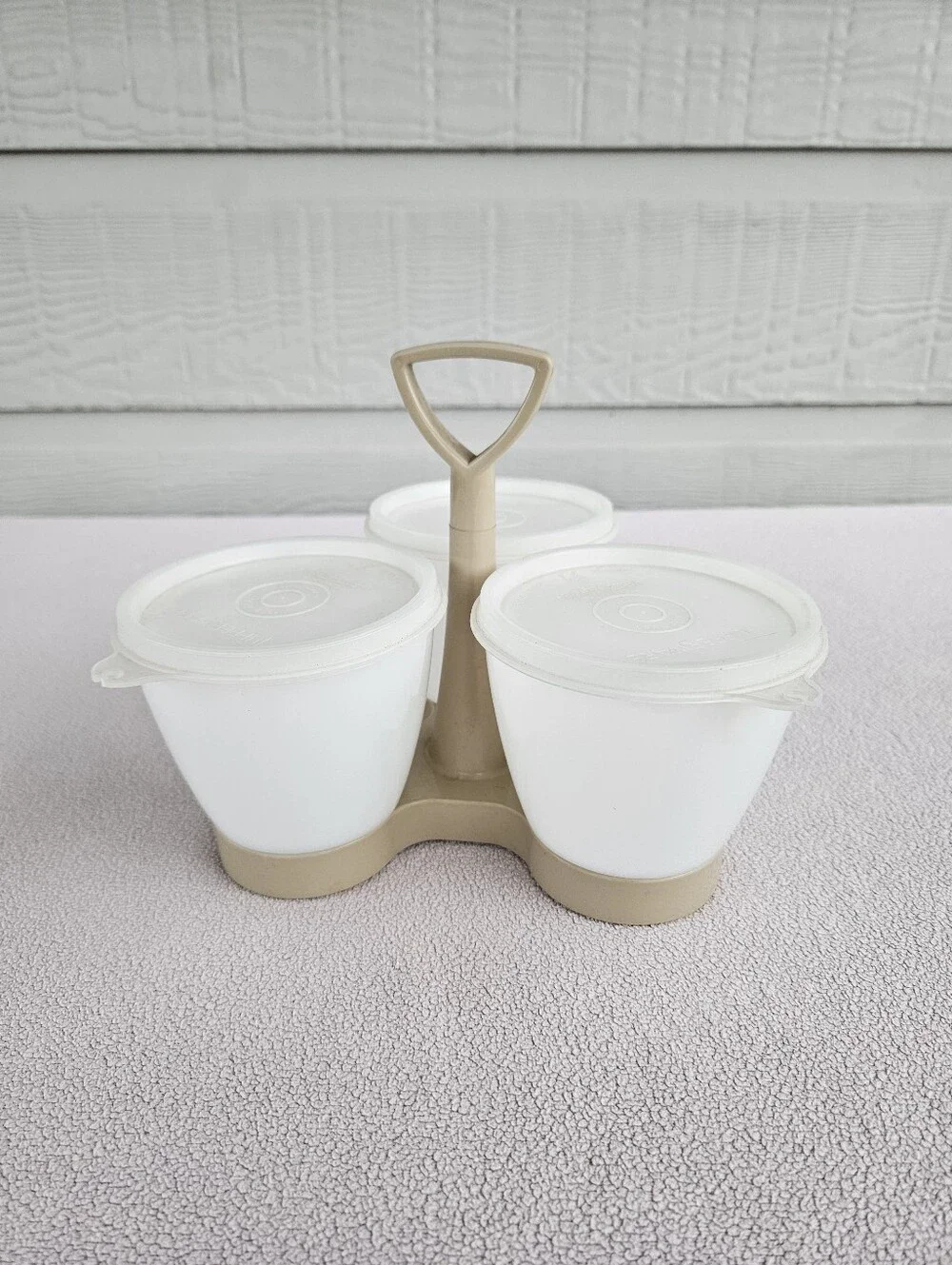 VTG Tupperware Condiment Caddy With Holder 3 Containers Lids Almond Clear