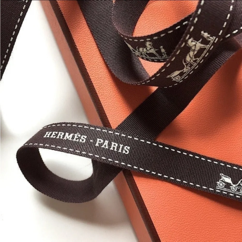 Hermes Paris Bolduc Ribbon Dark Brown White Logo Horse Carriage Authentic 1 Yard