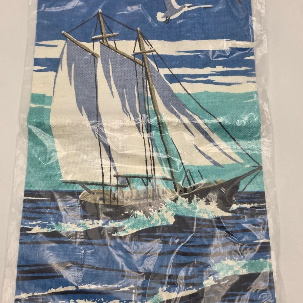 Kitchen Towel Vintage‎ MCM Coastal Blue Sailboat Lighthouse Beach Decor NOS