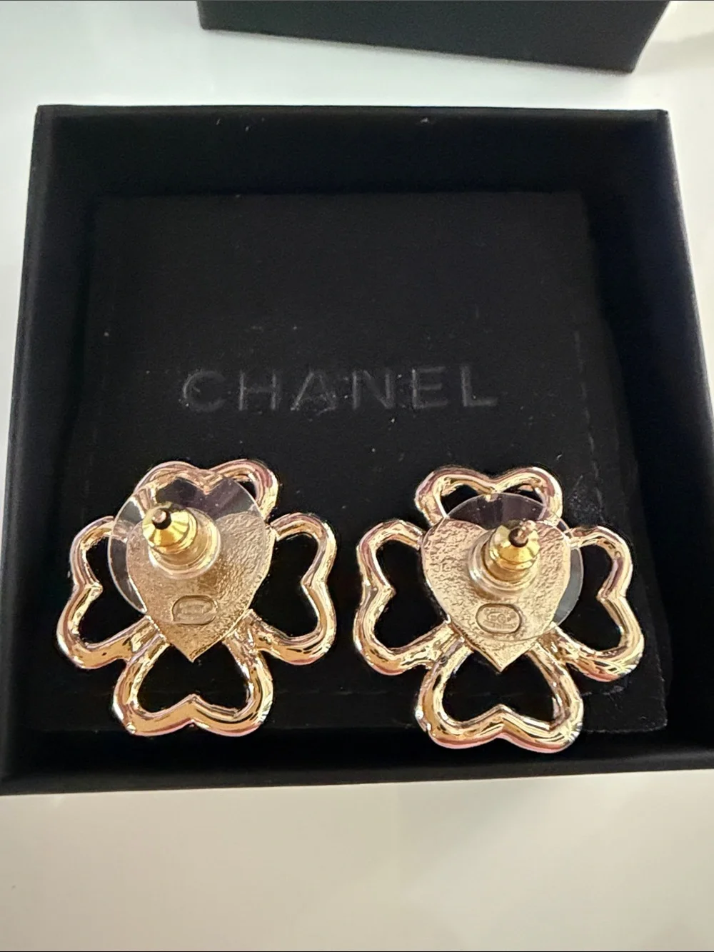 CHANEL Gold and Cream Heart Clover Earrings with CC Logo