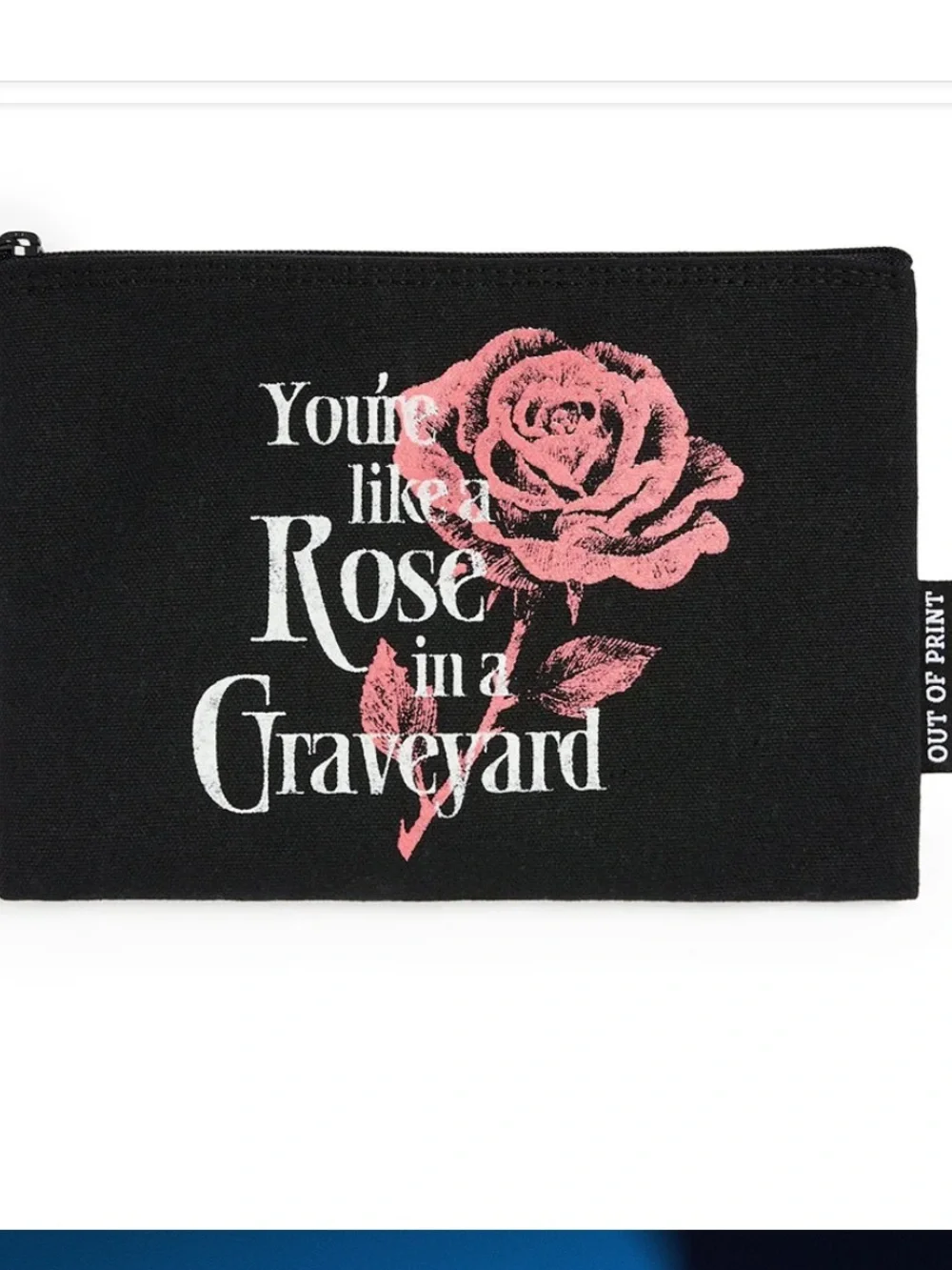 Goth bag by “Out of Print” brand Black Canvas Zip Pouch with Pink Rose Print