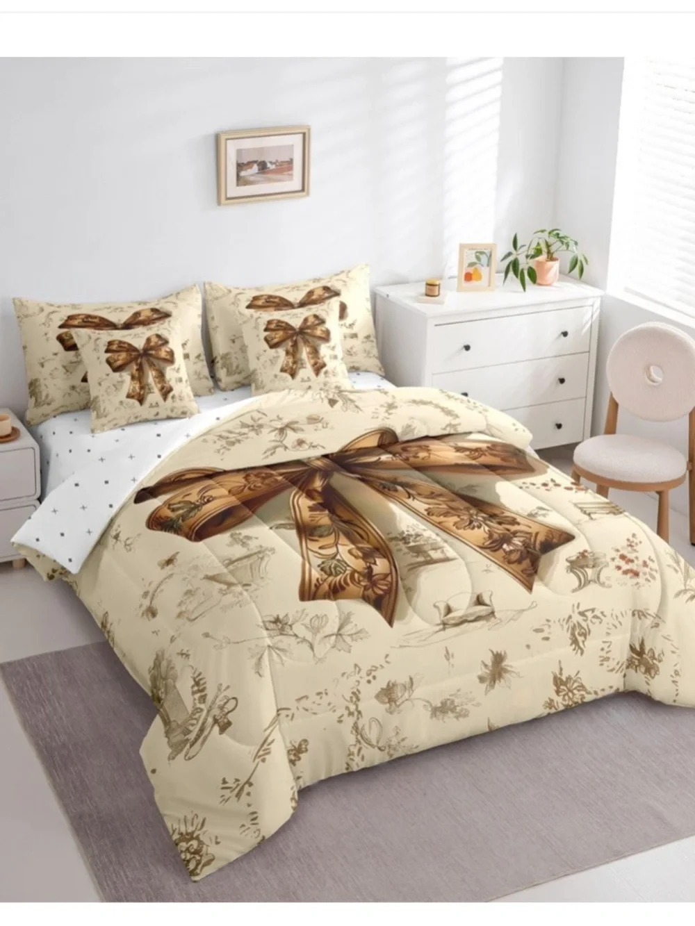 Erosebridal Brown Bowknot Comforter Set Twin | Coquette Decor Bohemian Bedding