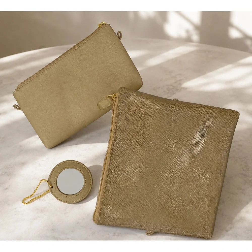 Unbranded Gold Shimmer Makeup Bag Set 3 Piece Mesh Pouch and Mirror
