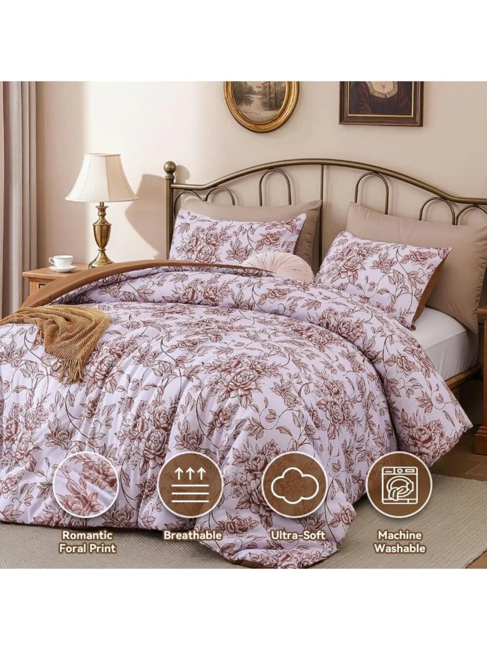 Terracotta Floral Queen Comforter Set - Shabby Chic Bedding for Cozy Home Decor