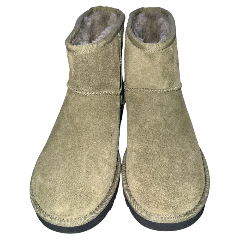 UGG Classic Mini Side Logo Ankle Boots Burnt Olive Shearling Lined Womens 8