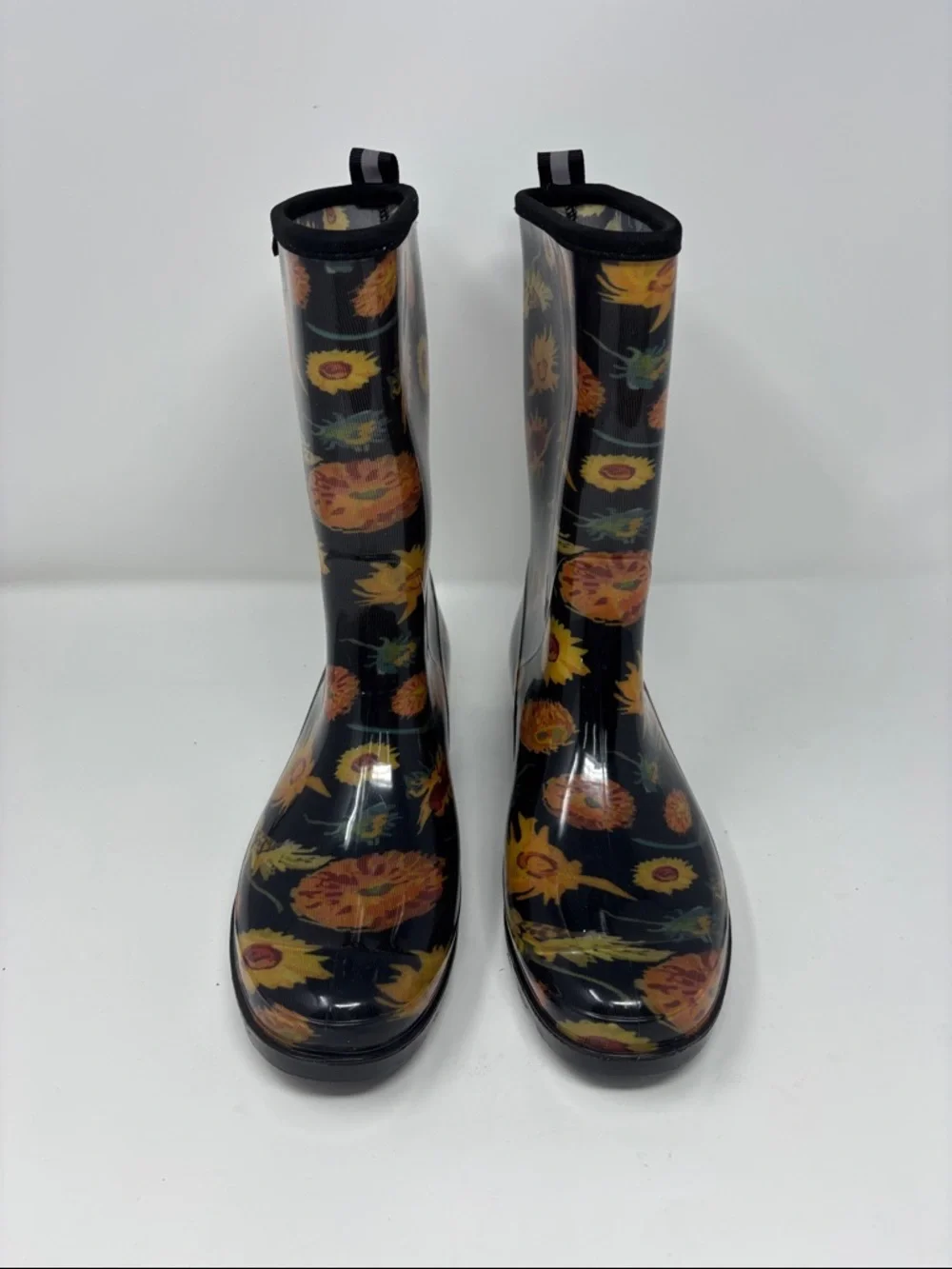Black‎ Floral Sunflower Rain Boots 7