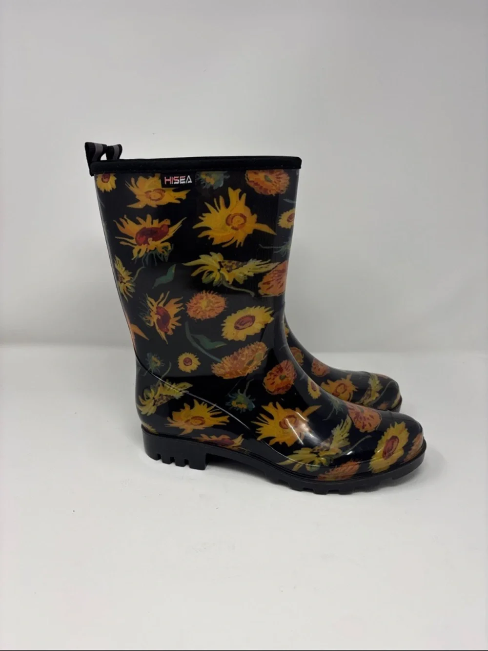 Black‎ Floral Sunflower Rain Boots 7