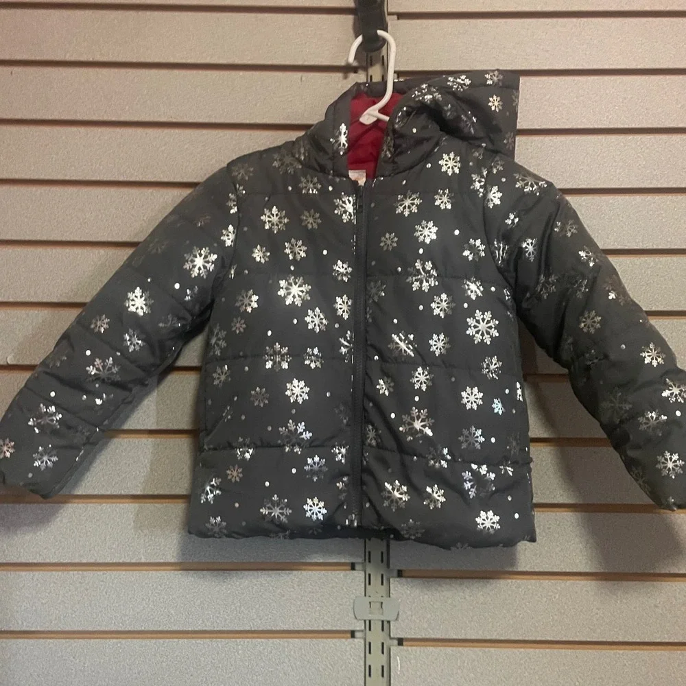 Gymboree Girls Gray Silver Metallic Snowflake Puffer‎ Jacket Hooded Size S 5-6