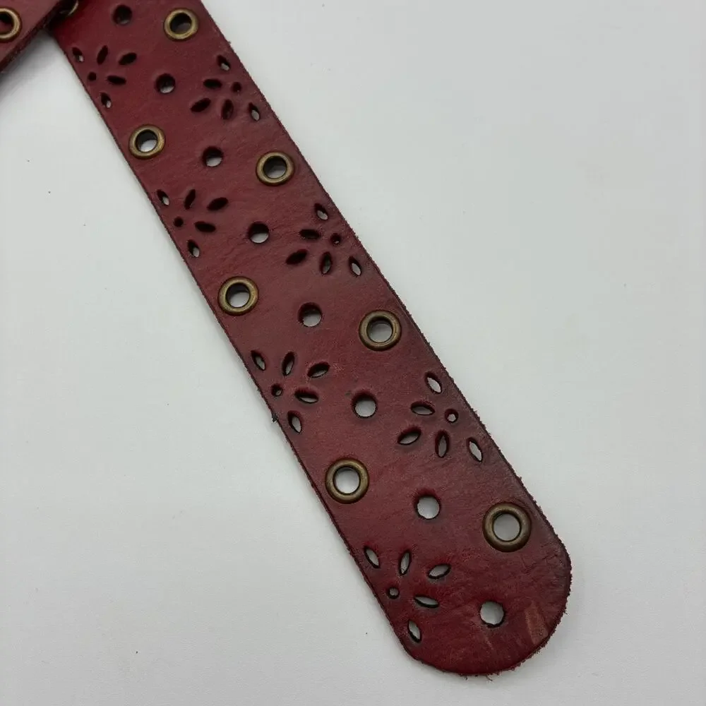 Unbranded Red Leather Belt Lazer Cut Outs Brass Buckle Horseshoe (Heavy) Vtg?