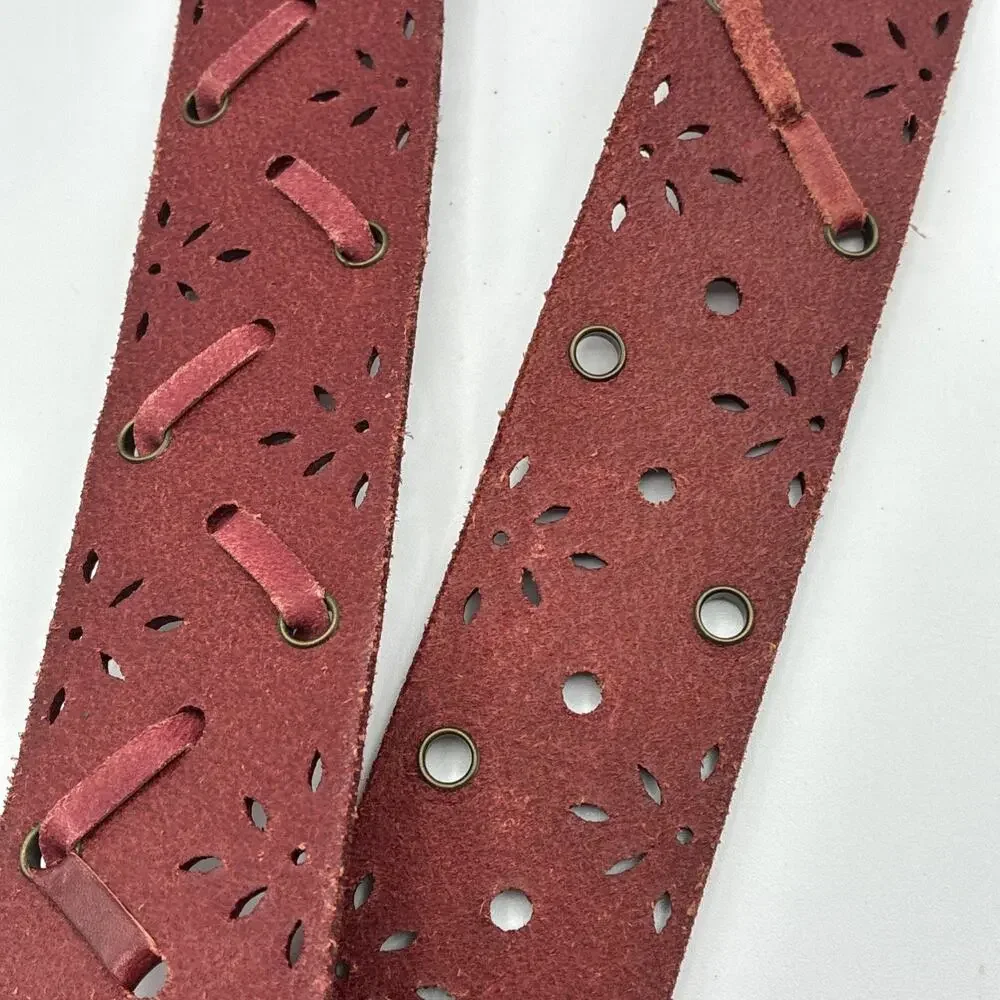 Unbranded Red Leather Belt Lazer Cut Outs Brass Buckle Horseshoe (Heavy) Vtg?