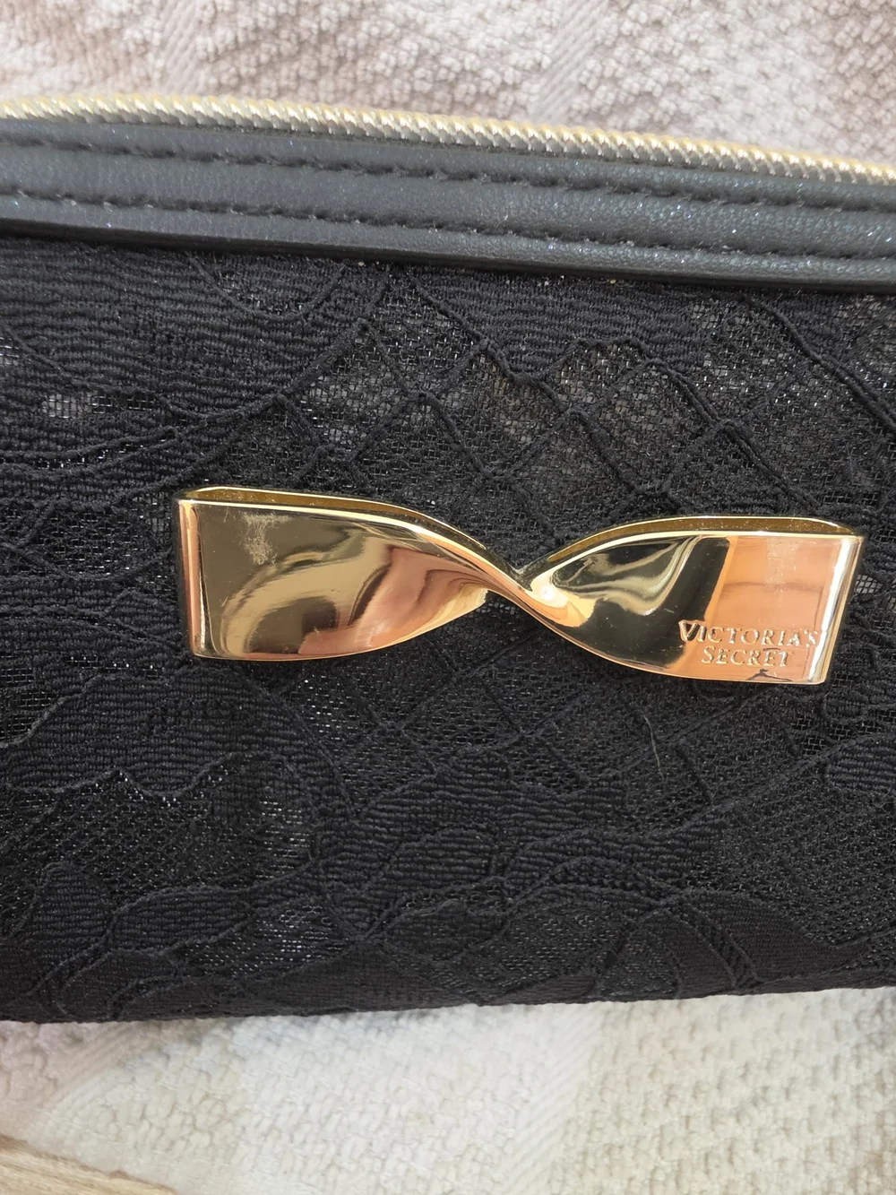 Victoria's Secret Black Lace Cosmetic Pouch with Gold Bow Accent