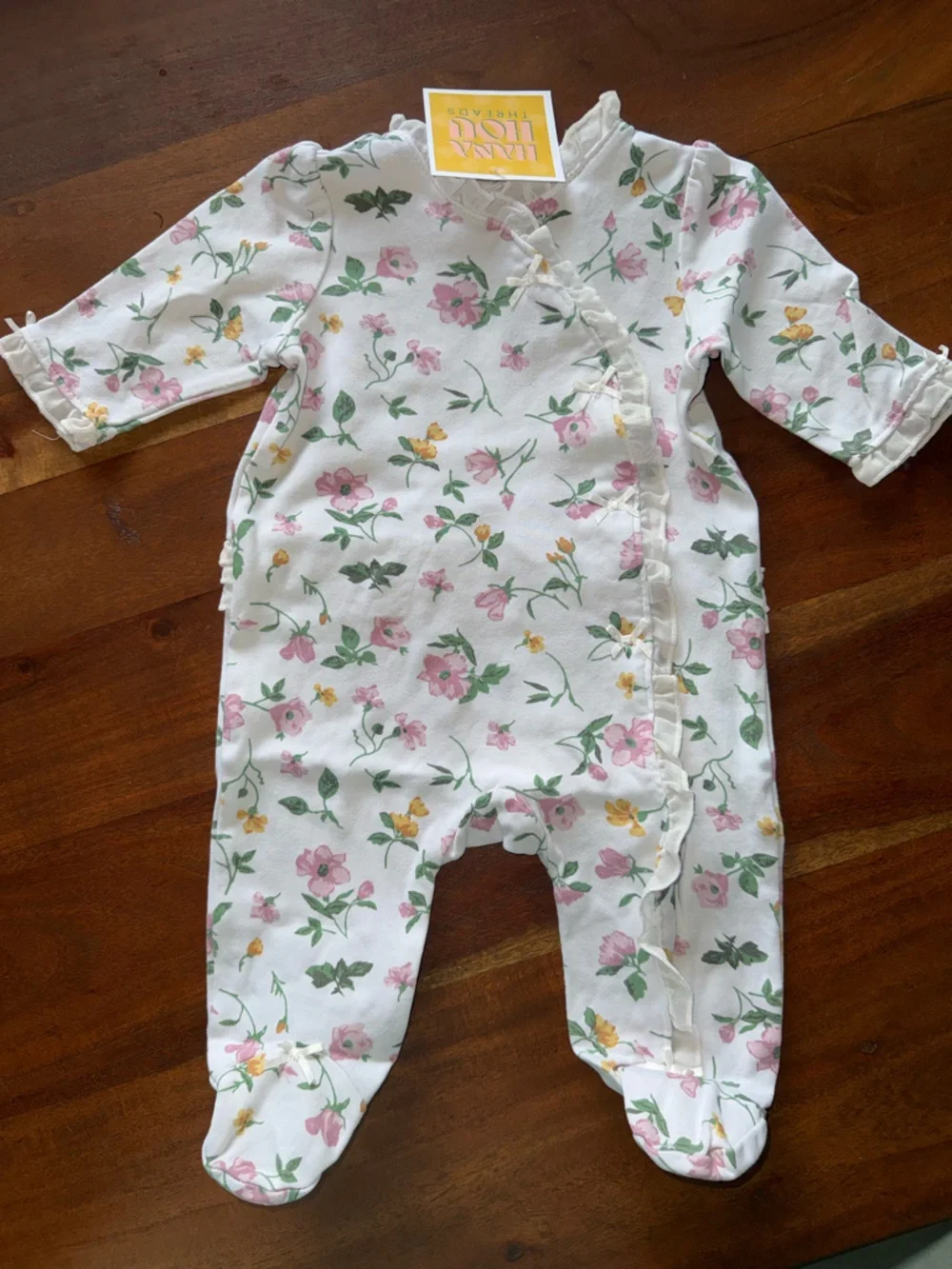 Little Me White Floral Print Footed Pajamas - Pink‎ & Yellow Flowers