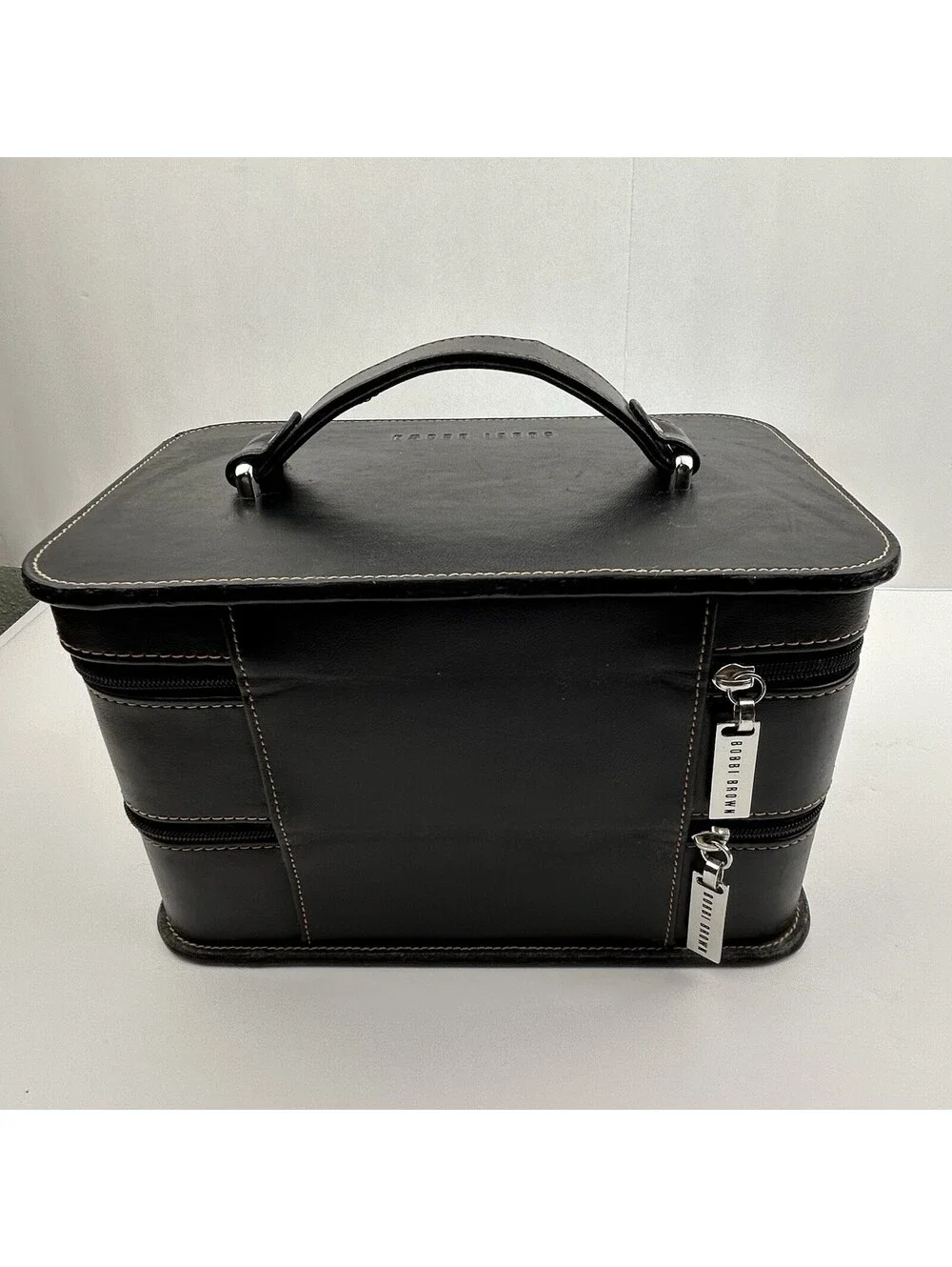 Bobbi Brown Black Leather Makeup Train Case Tan Tiered 2 Zip Cosmetic Bag  LS#12