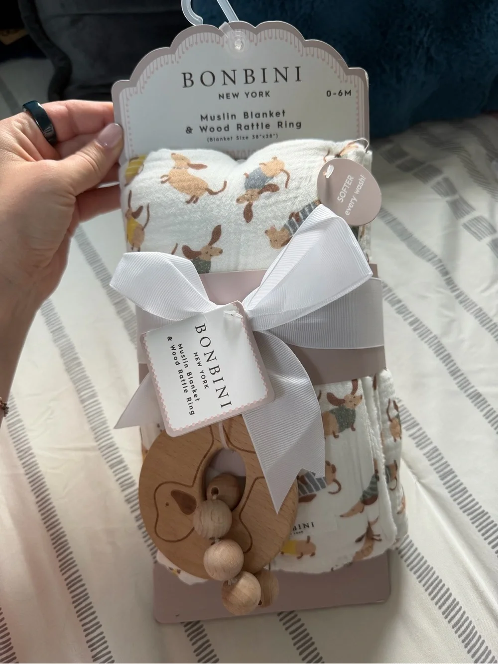 Dachshund Cream Muslin Baby Blanket with Wooden Rattle Ring