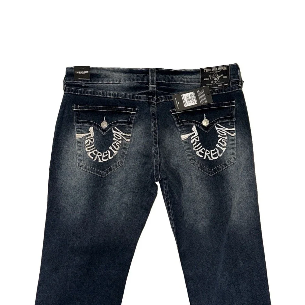 True Religion Embroidered Back Flap Pockets Straight Sz 38x34 Dark Blue Denim