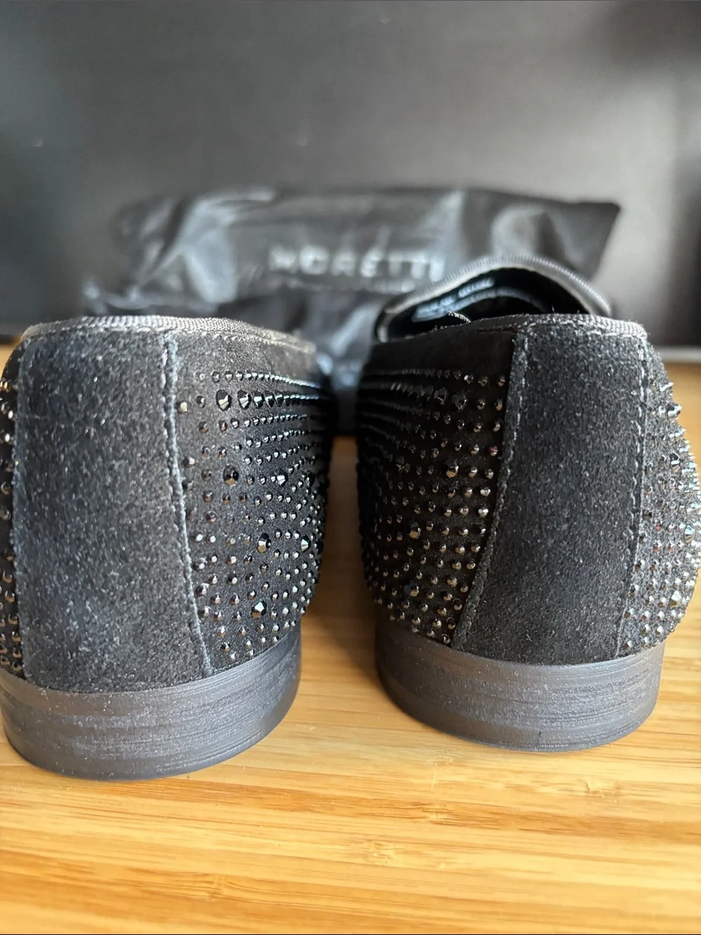 Moretti Black Label black rhinestone-studded smoking loafers 8.5