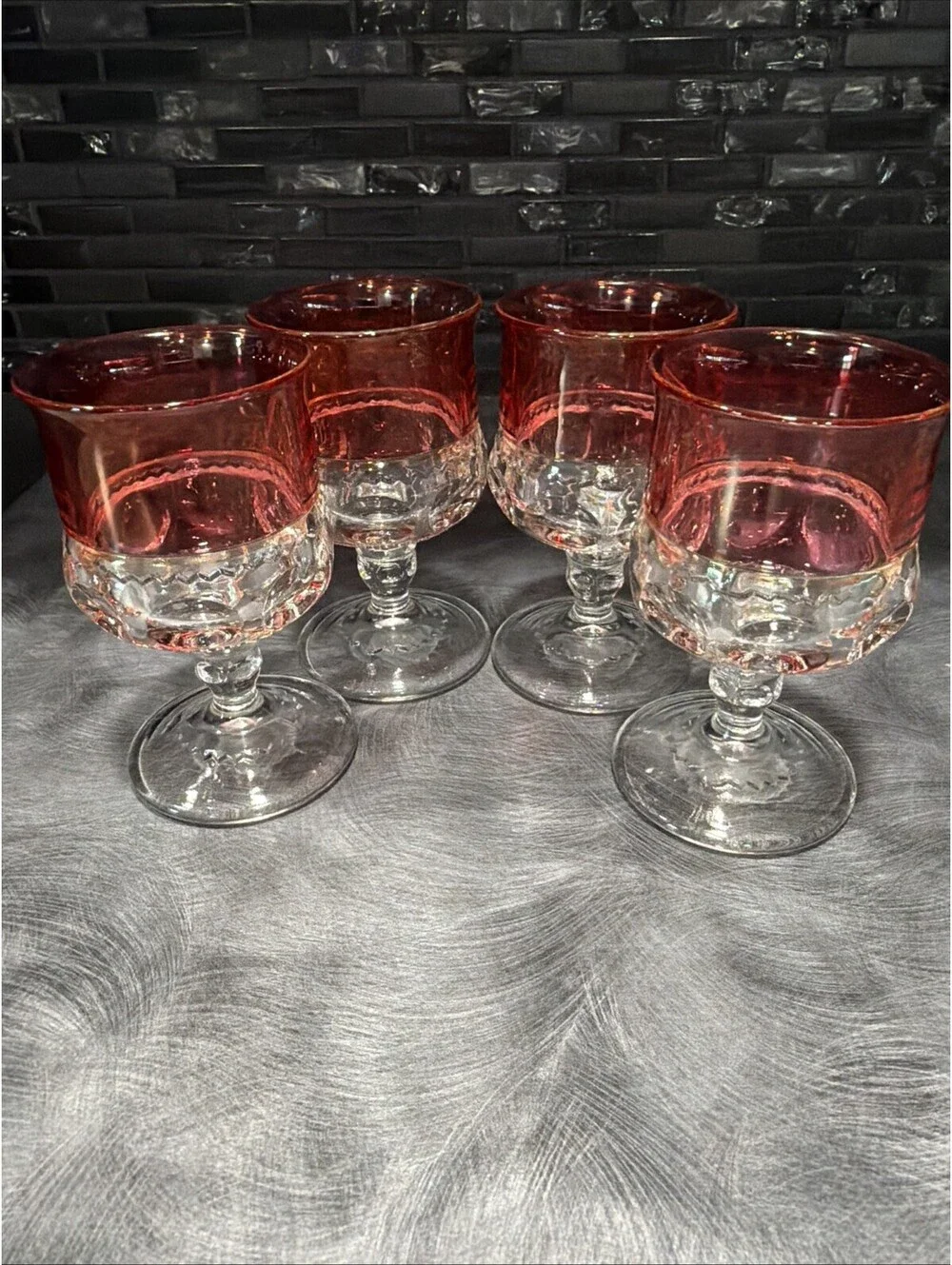 Set Of 4 Vintage Indiana Glass Kings Crown Ruby Red Rim Goblets Cordials