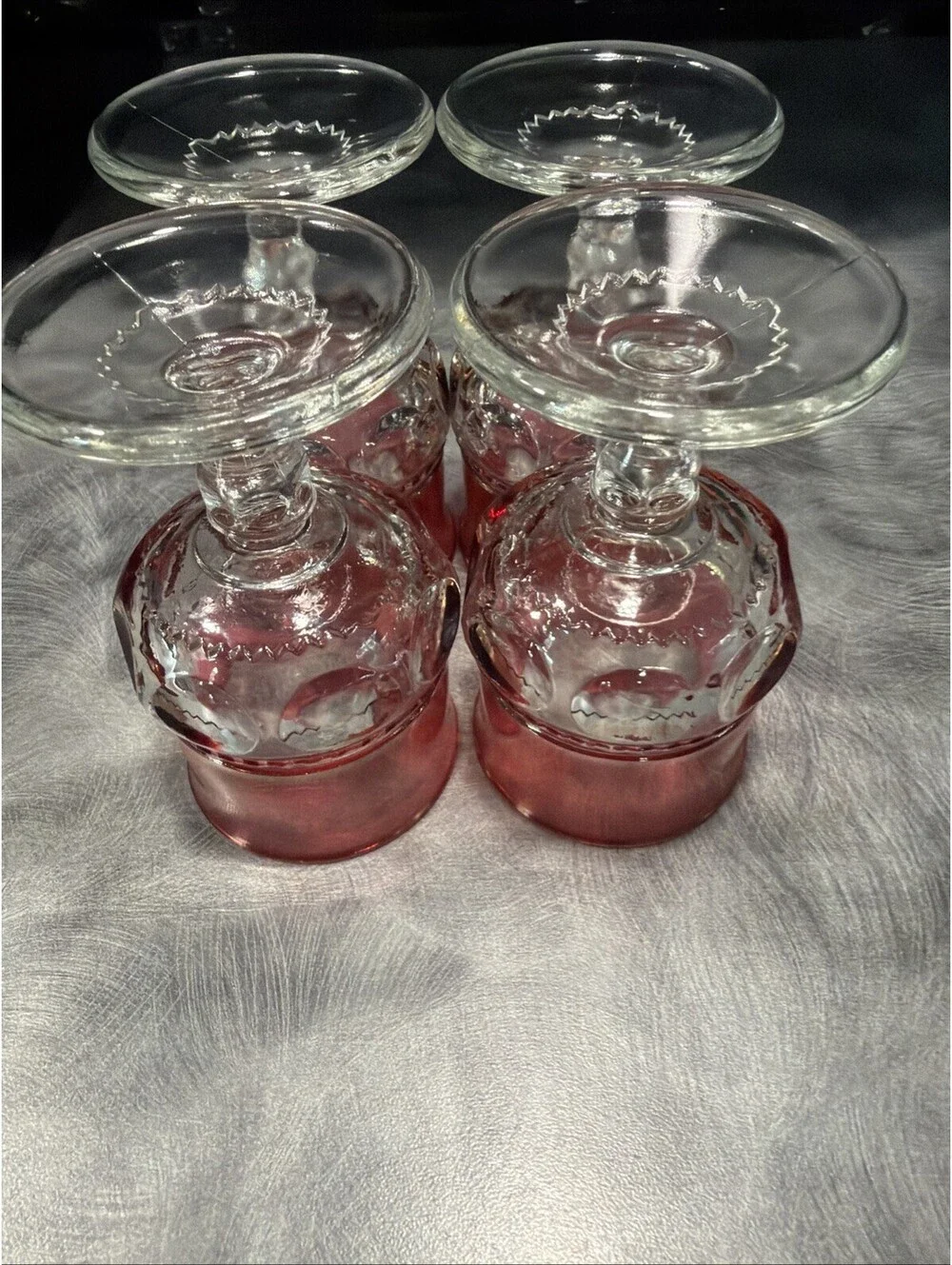 Set Of 4 Vintage Indiana Glass Kings Crown Ruby Red Rim Goblets Cordials