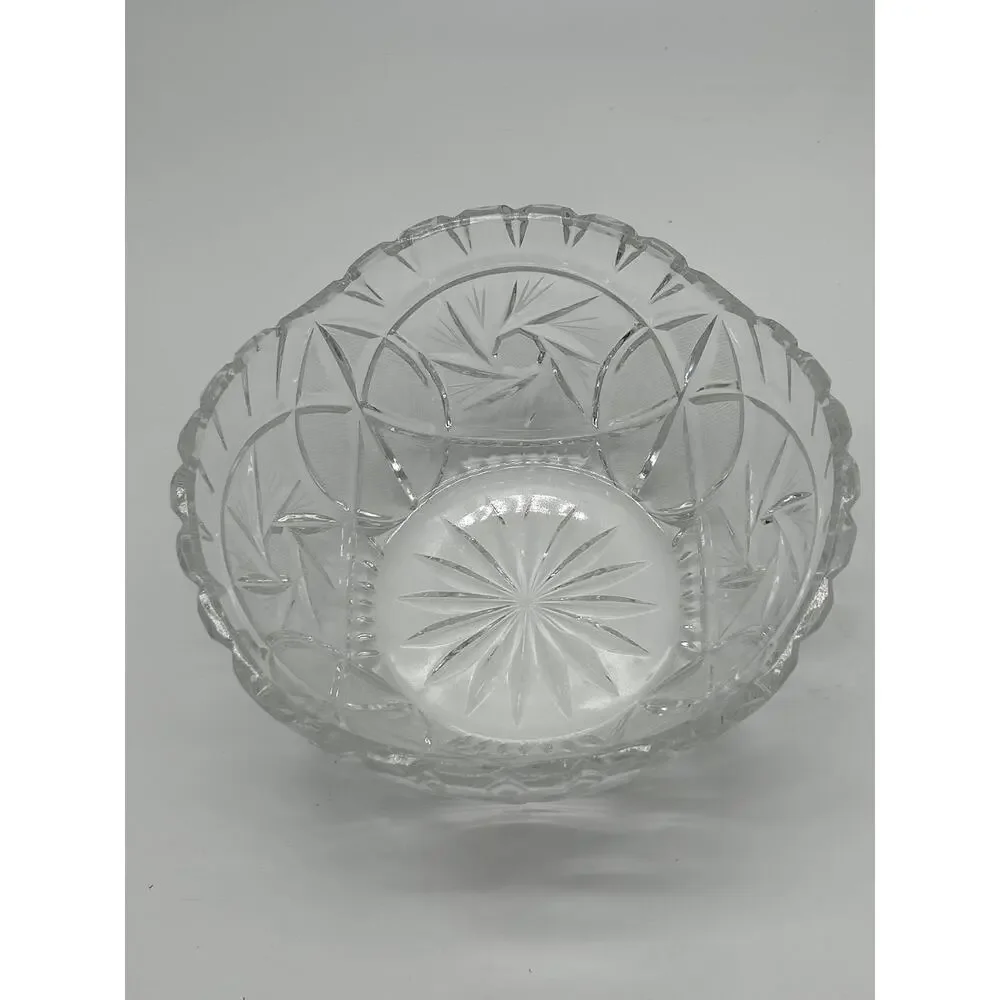 Vintage Cut Glass Crystal Bowl 9” Round Scalloped Edge Starburst Floral