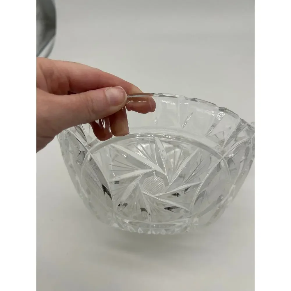 Vintage Cut Glass Crystal Bowl 9” Round Scalloped Edge Starburst Floral