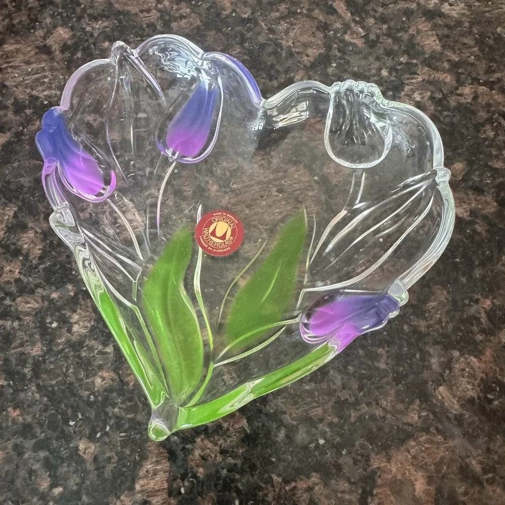 Waltherglas Heart~Shaped Glass Candy Dish Tulips Flowers German Original Sticker
