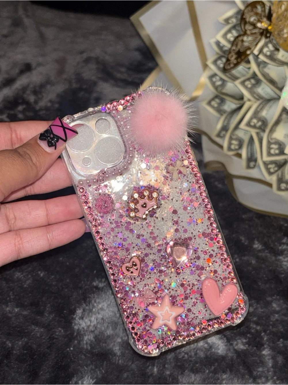 Pink Glitter Pom Phone Case with Decorative Charms