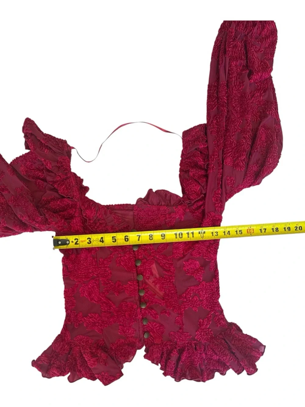 Anthropologie Velvet Burnout Raspberry Red Lace Peasant Puff-Sleeve Blouse XS