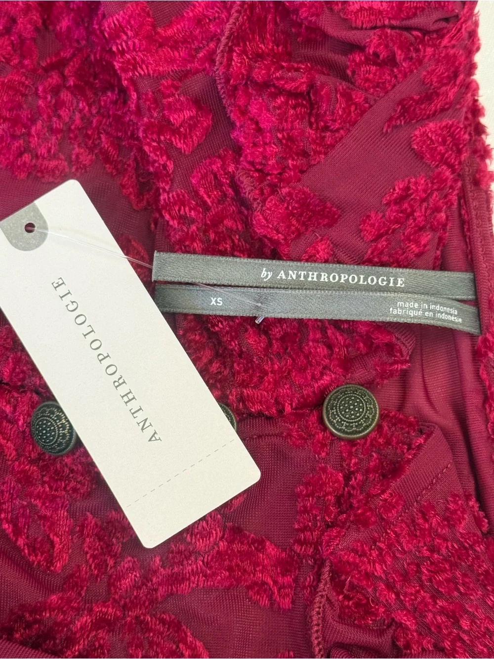 Anthropologie Velvet Burnout Raspberry Red Lace Peasant Puff-Sleeve Blouse XS