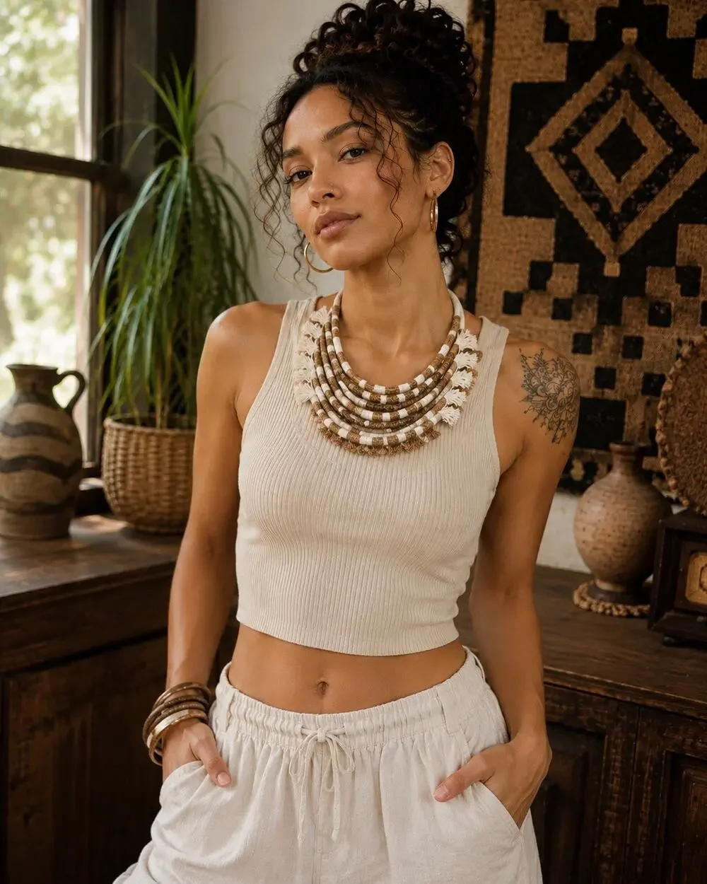 Statement Necklace Layered Woven Rope Fringe Fiber Art Boho Bib Handmade