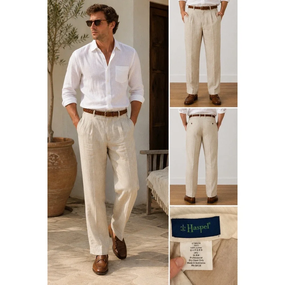 Haspel Mens 100% Linen Oxford Trousers Beige Straight Leg Pants 36 RW