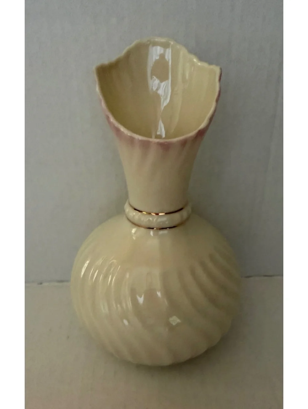 Belleek of Ireland Gold/Brown Mark 1980-90’s Swirl Globe Vase Pink & Gold Accent