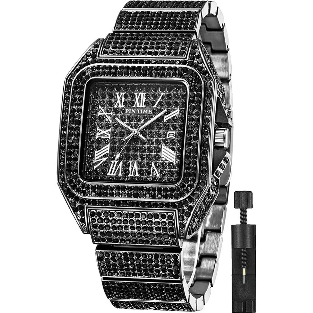 Men's Black Crystal Bling Rectangle Case Stainless Steel Quartz Analog Watch