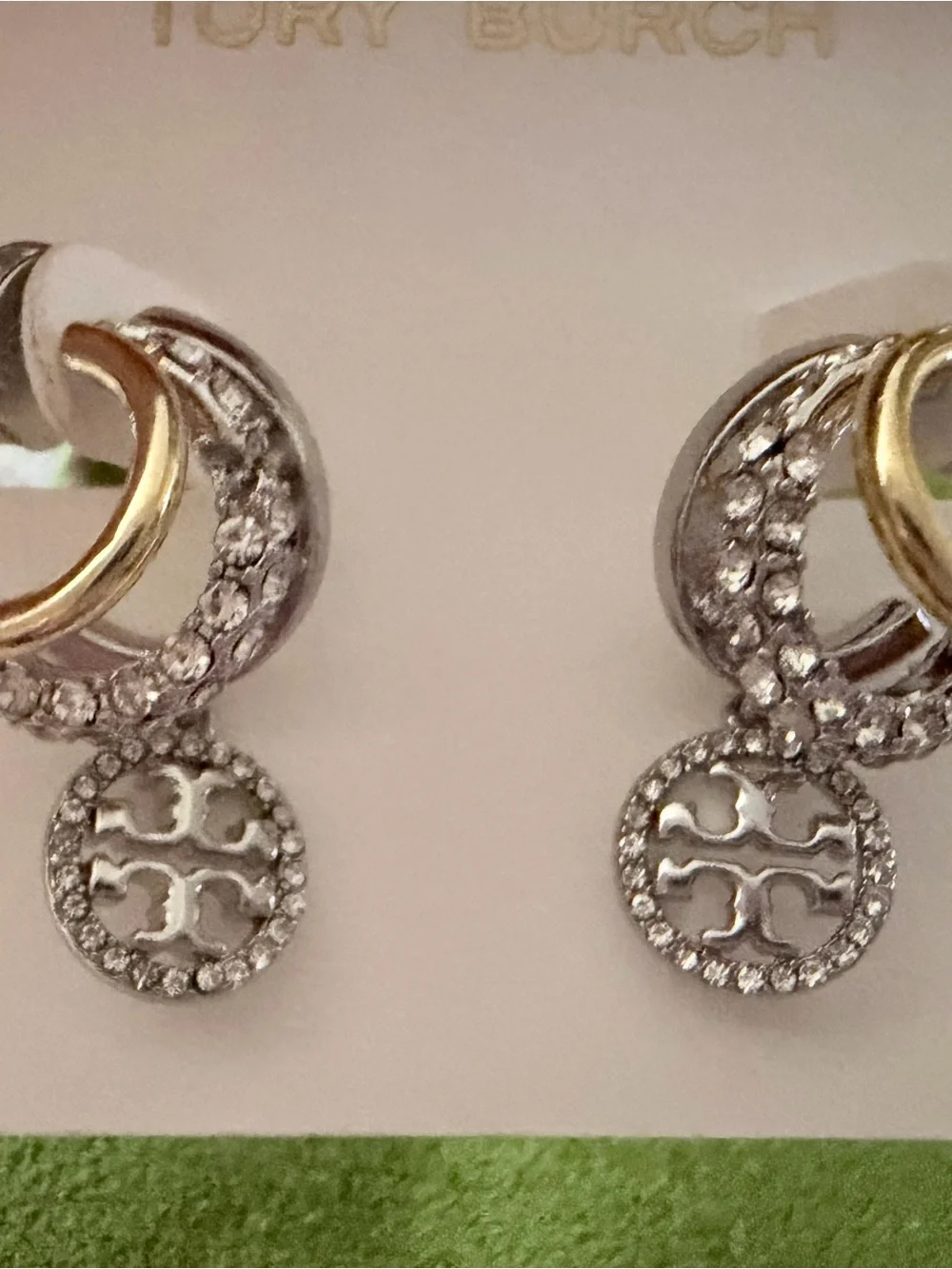 Tory Burch Three Layer Crystal Logo Drop Earrings