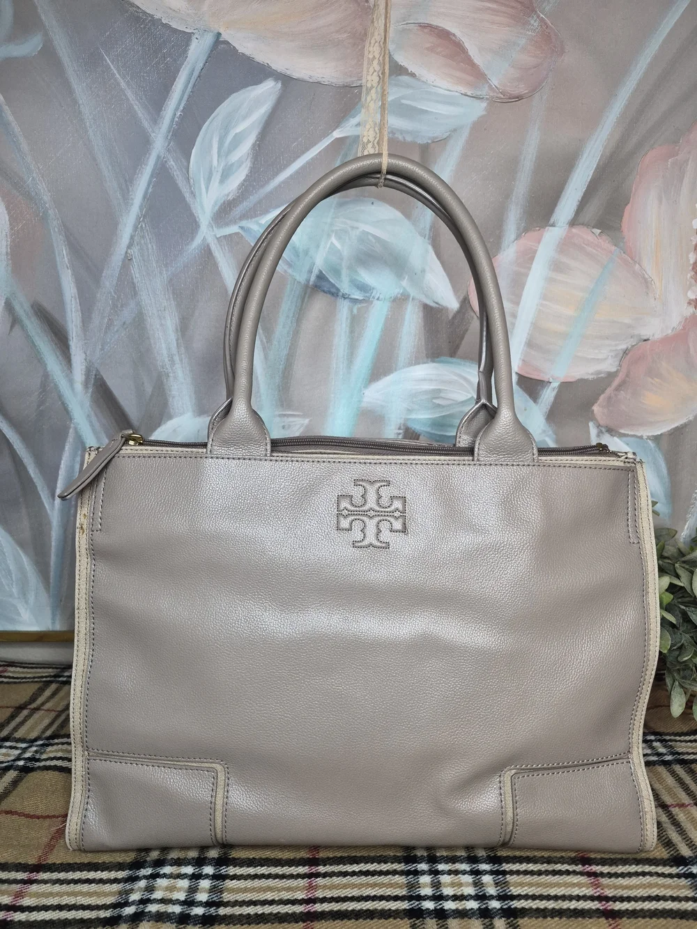 Tory Burch Taupe Leather Tote Shoulder Bag