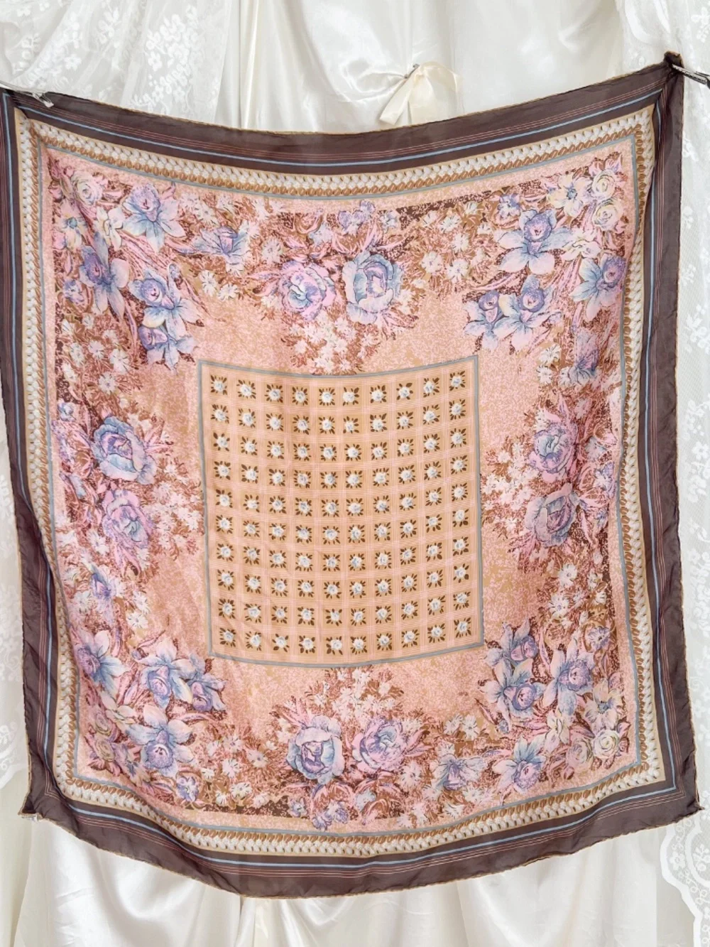 Pure Silk Pink Floral Square Scarf Romantic Cottage Bandana Top