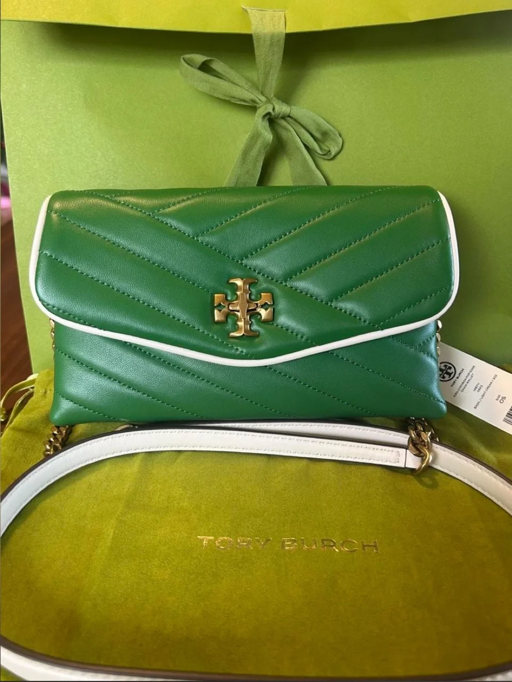 Tory Burch Green and Light Cream Kira Chevron Chain Wallet