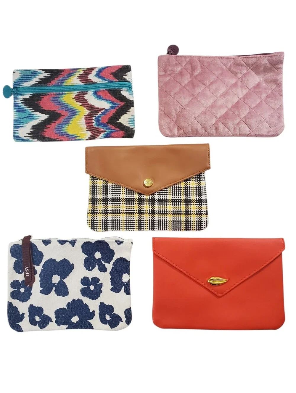 🟢 IPSY Bags Set of 5 Assorted Cosmetic Bags Summer Lovin Quilted Floral Kiss