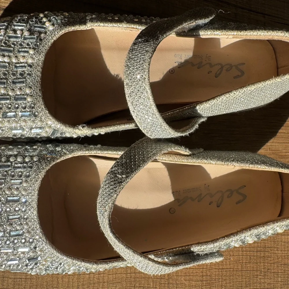 Selina Rhinestone Block Heel Mary Jane Dress Shoes Silver Princess Holiday 13