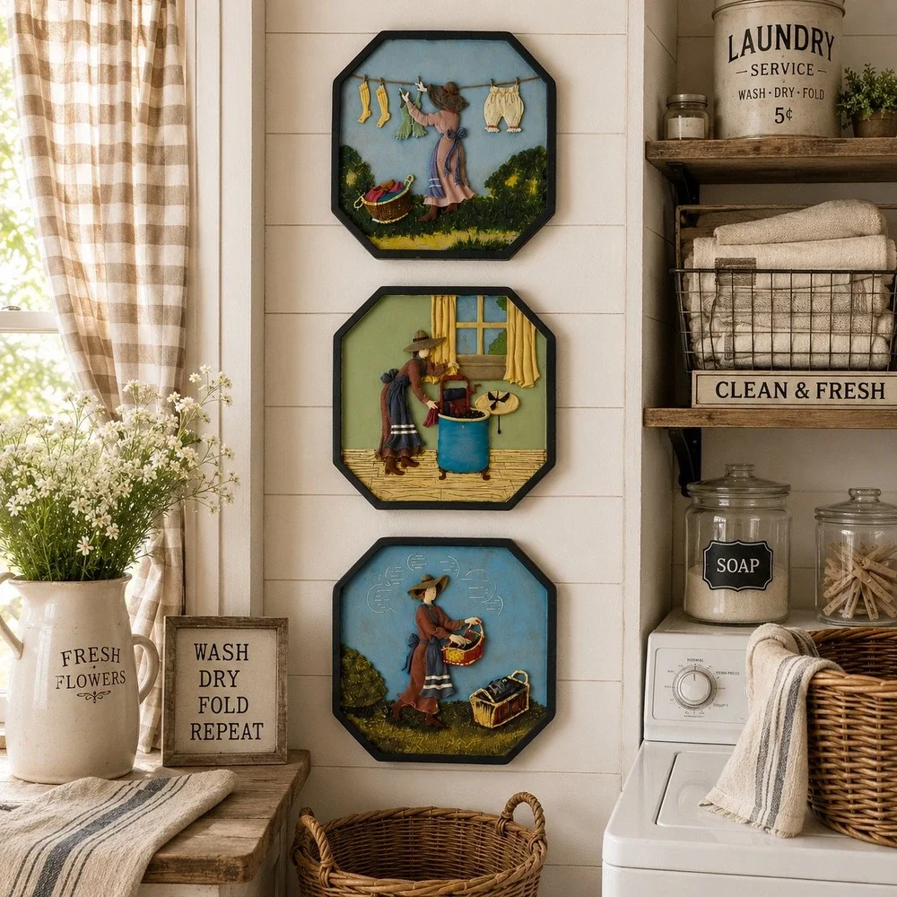 Vintage Laundry Wall Art Set of 3 Raised Relief Plaques Cottage Folk Decor