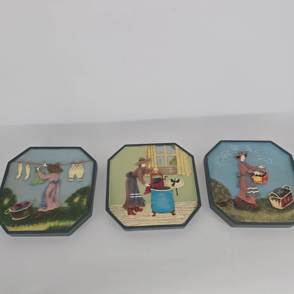 Vintage Laundry Wall Art Set of 3 Raised Relief Plaques Cottage Folk Decor