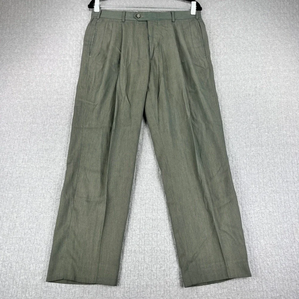 Vintage Nino Cerruti Dress Pants Men 30x28 Olive Green Pleated USA Made Trousers