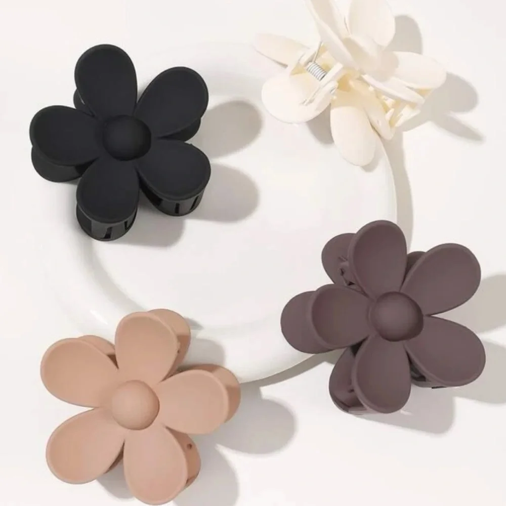 NWT Flower Power Large Hair Claw Clips Set - neutral colors - black tan brown