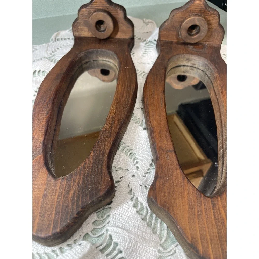 Vintage Pair Of Wooden Wall Hanging Mirrored Taper Candle Holder Sconce Rustic