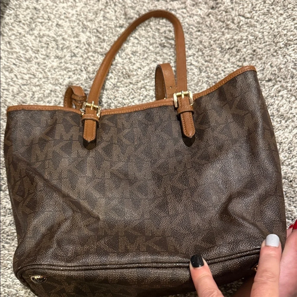 Michael Kors Dark Brown Tote Tan Accents MK gold purse bag designer handbag