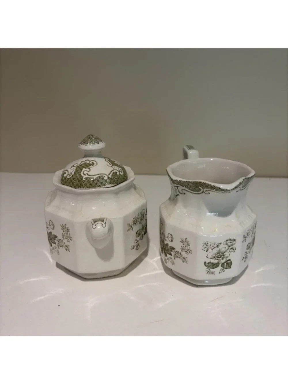 Kensington Balmoral Creamer & Sugar Bowl Staffordshire Ironstone Green England