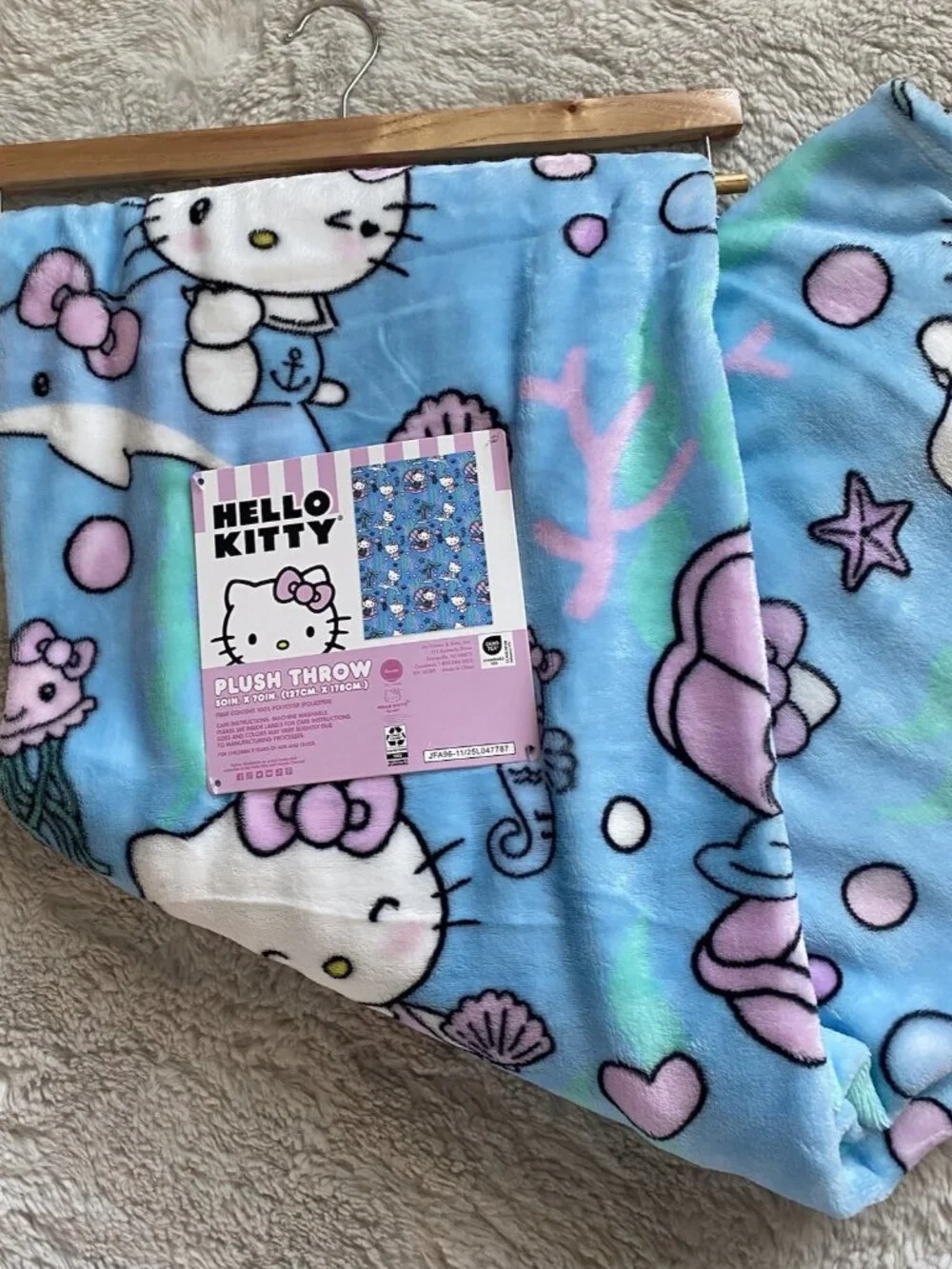 Hello Kitty Mermaid Dolphin Jellyfish Soft Throw Blanket Blue Pink 50” X 70” NEW