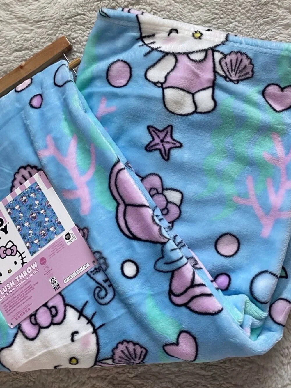 Hello Kitty Mermaid Dolphin Jellyfish Soft Throw Blanket Blue Pink 50” X 70” NEW