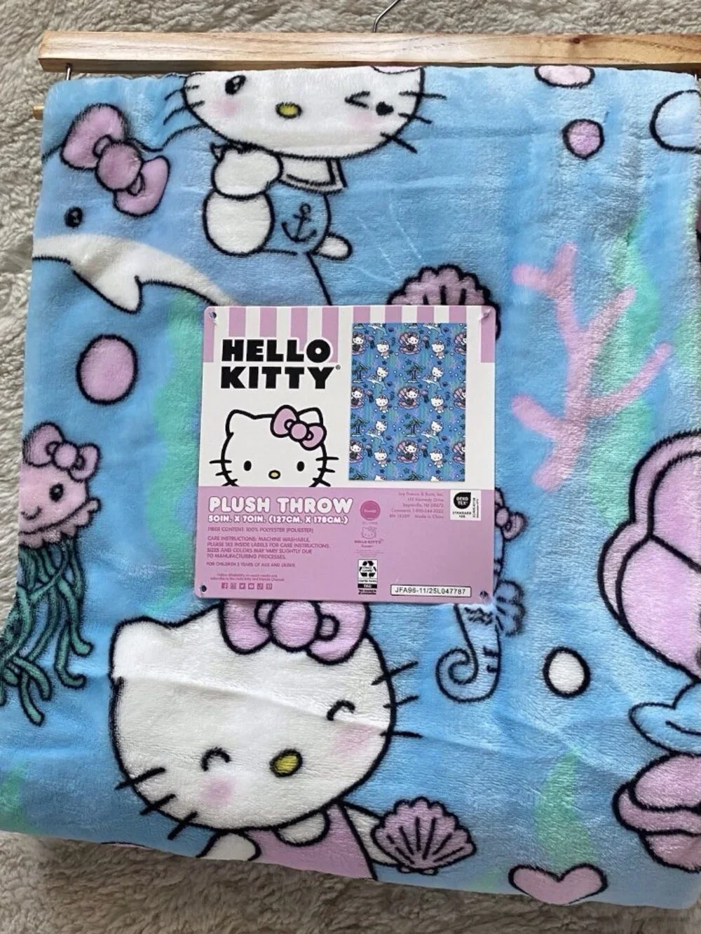 Hello Kitty Mermaid Dolphin Jellyfish Soft Throw Blanket Blue Pink 50” X 70” NEW